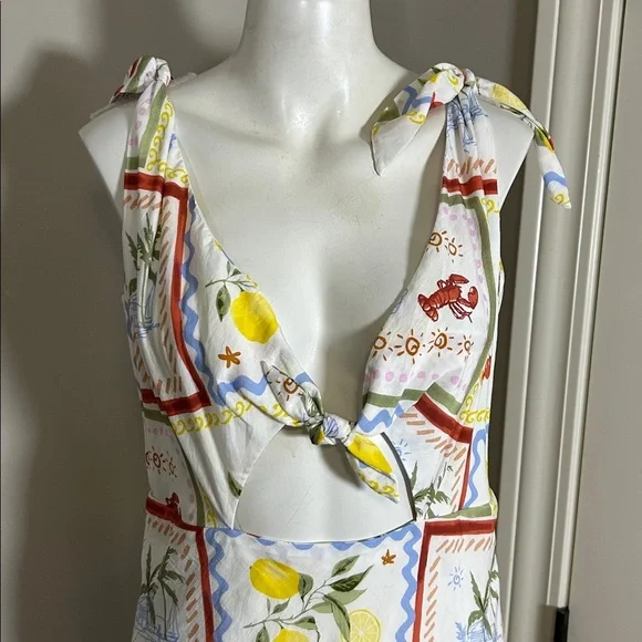 Abercrombie and Fitch Tie Front Scarf Midi Dress Italy Coastal Fruit Sz L NEW - Picture 6 of 13
